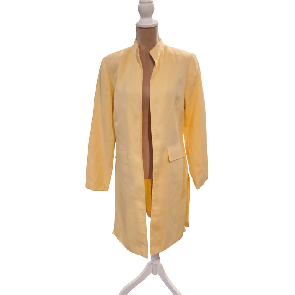 Linen Yellow Open Duster Jacket Mandarin Collar Long Sleeve Side Slit Blazer